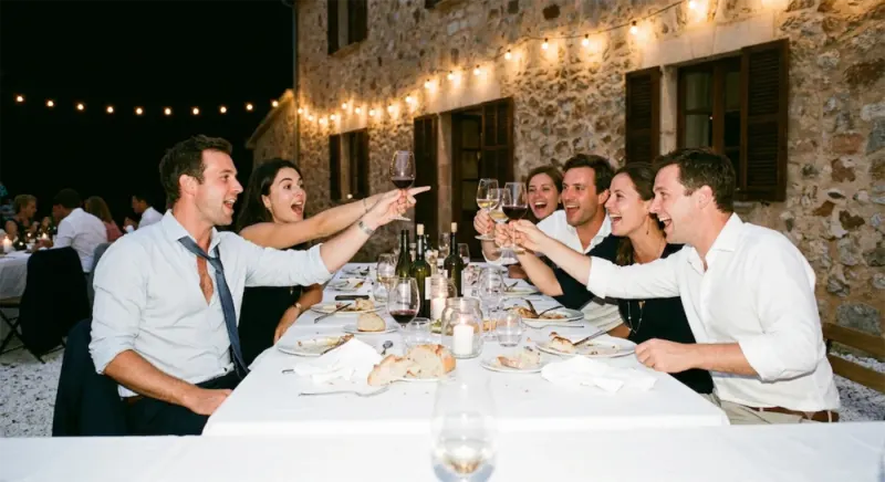Une table d’invités lève les verres en riant, pendant le dîner sous les guirlandes.