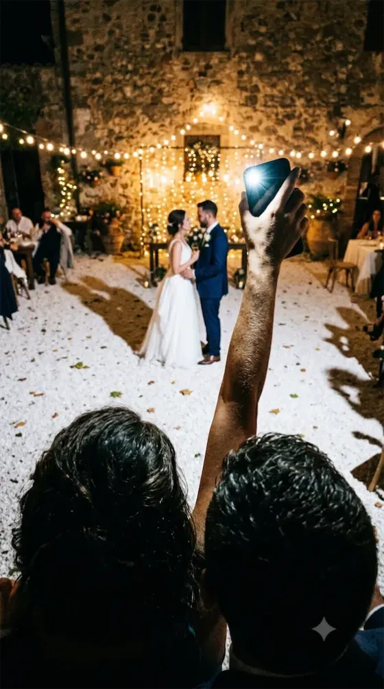 Un invité lève son téléphone au-dessus des têtes pour photographier les mariés pendant la cérémonie.