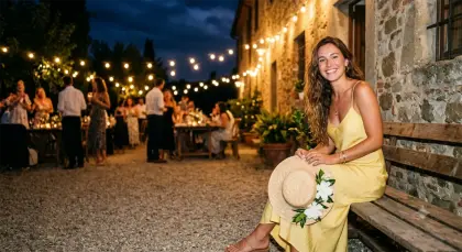 Une invitée assise sur un banc, son chapeau sur les genoux, le dîner illuminé derrière elle.