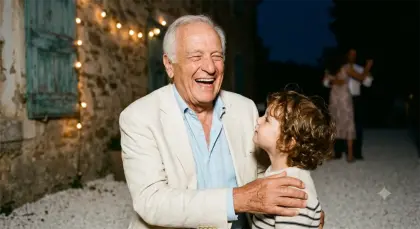 Un grand-père éclate de rire en soulevant un petit garçon.
