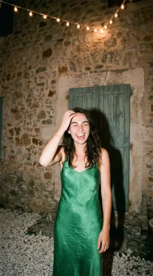 Une invitée en robe verte éclate de rire, la main dans les cheveux, devant un mur de pierre.