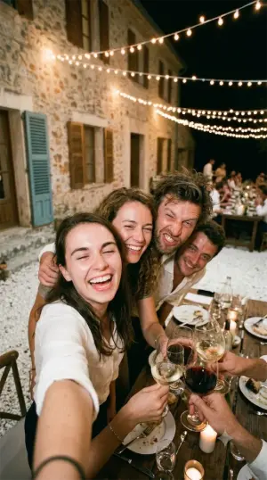 Quatre invités serrés pour un selfie à table, verres levés, sous les guirlandes.