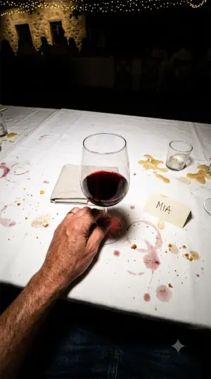 Une main tient un verre de vin au-dessus d’une nappe constellée de taches, à côté d’un marque-place au nom de Mia.